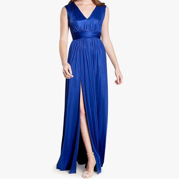 Dress The Population - Krista V Neck Tie Waist Slit Front  Maxi Dress - Picture 1 of 9